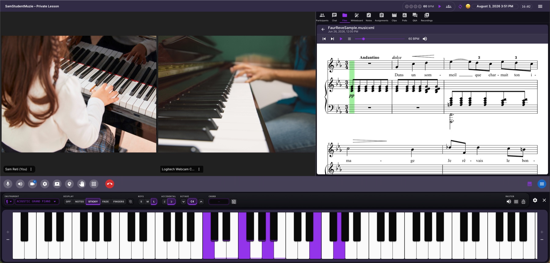 A live piano lesson in Muzie, with two video feeds, interactive sheet music, and a MIDI keyboard