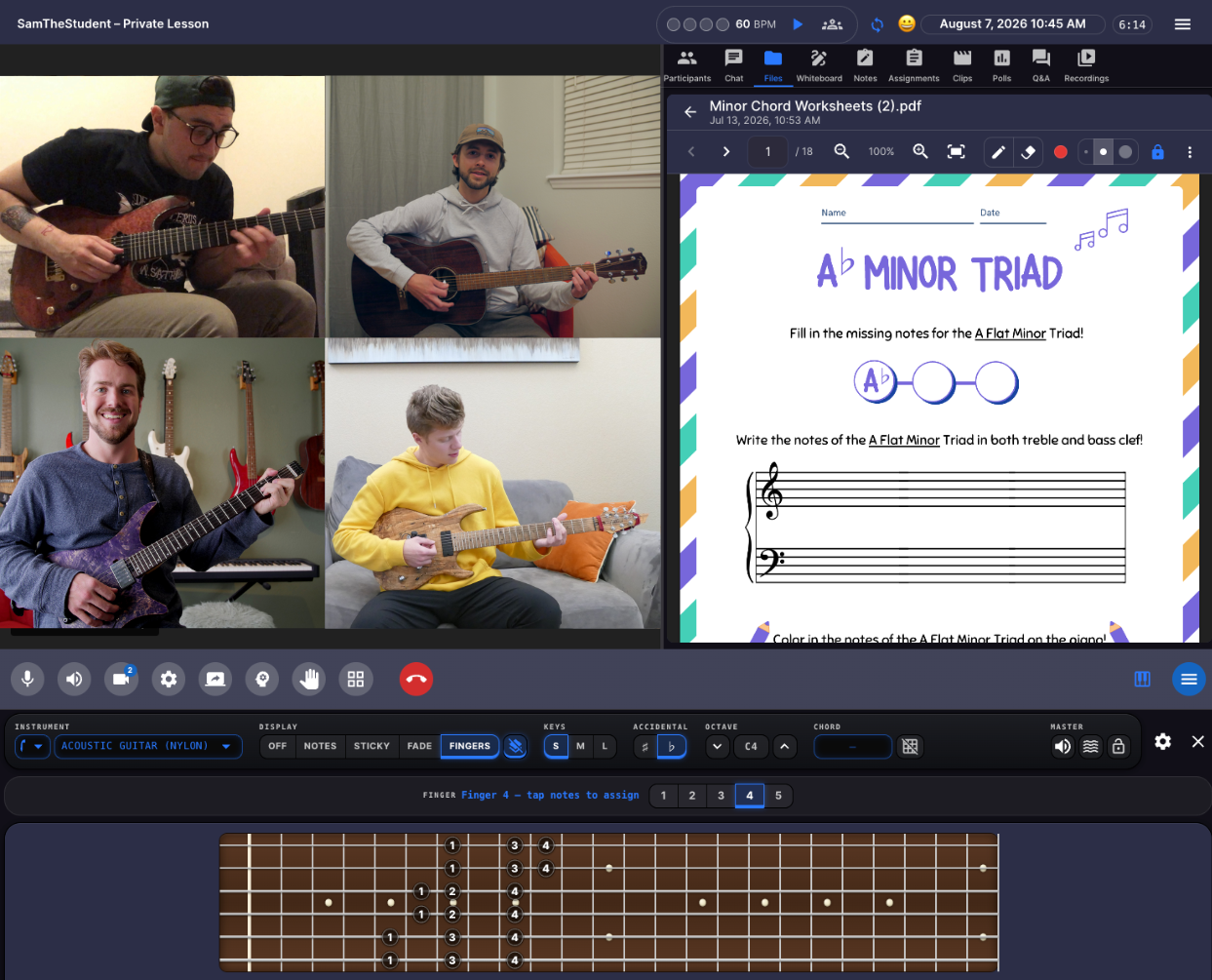 A live Muzie group guitar lesson: four video feeds, an annotated chord worksheet open on screen, and a fretboard note guide along the bottom.