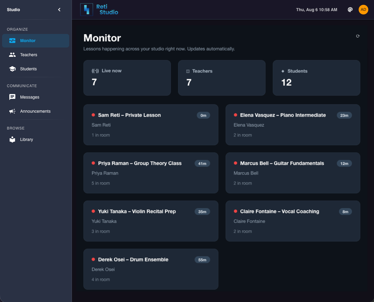 A studio owner's live Monitor in Muzie, showing lessons happening across the studio right now with live, teacher, and student counts.